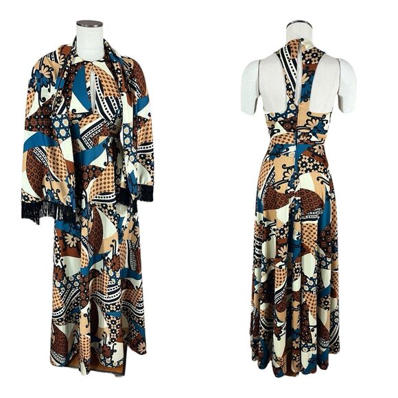 Vintage Neiman Marcus 60s/70s MOD Brown Abstract Maxi Dress Gown w/Wrap Shawl XS - Picture 1 of 13